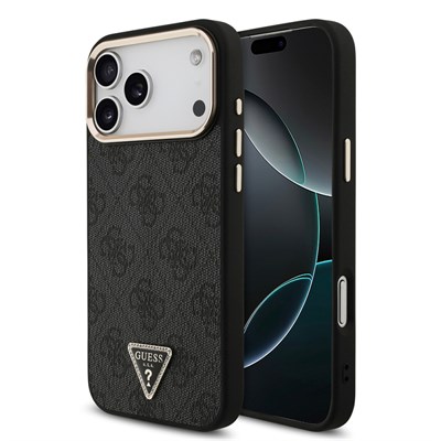 Apple iPhone 17 Pro Max Kılıf Guess Orjinal Lisanslı M-safe Şarj Özellikli Taşlı Üçgen Logo 4G Desenli Kapak