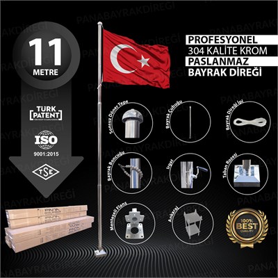 11 Metre İnox 304 Kalite Paslanmaz Krom Çelik Profesyonel Bayrak Direği