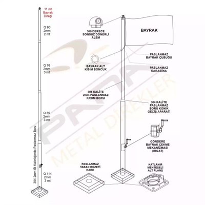 11 Metre İnox 304 Kalite Paslanmaz Krom Çelik Standart Bayrak Direği