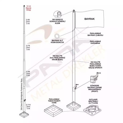 12 Metre İnox 304 Kalite Paslanmaz Krom Çelik Standart Bayrak Direği