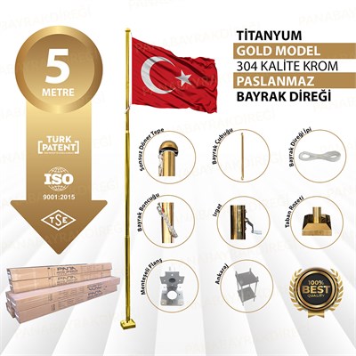 5 Metre İnox 304 Kalite Paslanmaz Krom Çelik Titanyum Gold Bayrak Direği