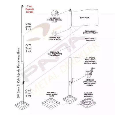 7 Metre İnox 304 Kalite Paslanmaz Krom Çelik Standart Bayrak Direği