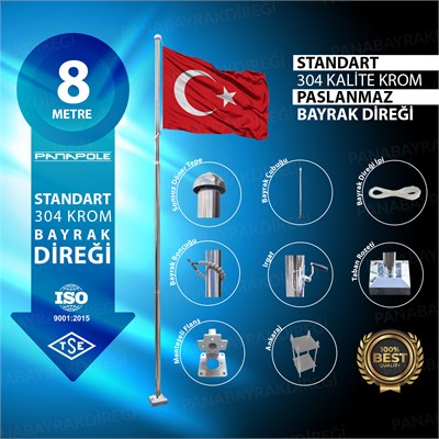 8 Metre İnox 304 Kalite Paslanmaz Krom Çelik Standart Bayrak Direği