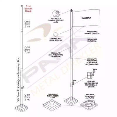 8 Metre İnox 304 Kalite Paslanmaz Krom Çelik Standart Bayrak Direği
