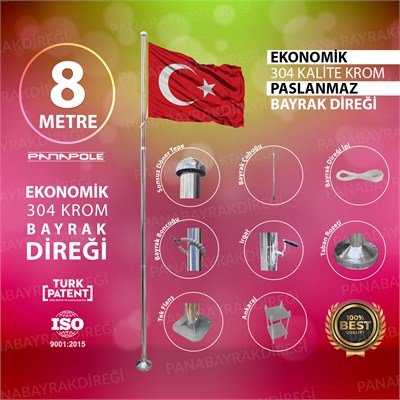 8 Metre İnox 304 Kalite Paslanmaz Krom Çelik Ekonomik Bayrak Direği