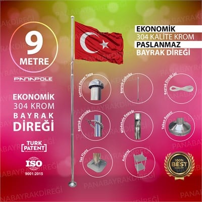 9 Metre İnox 304 Kalite Paslanmaz Krom Çelik Ekonomik Bayrak Direği