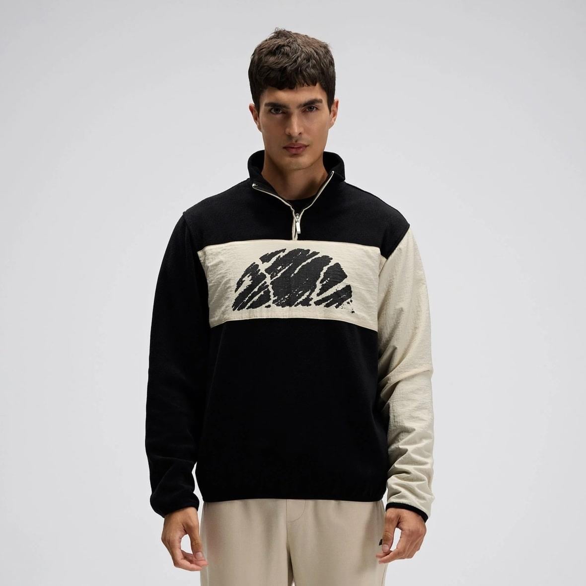 Ellesse EM519-BK Yarım Fermuarlı Polar Erkek Sweatshirt - Siyah / Bej