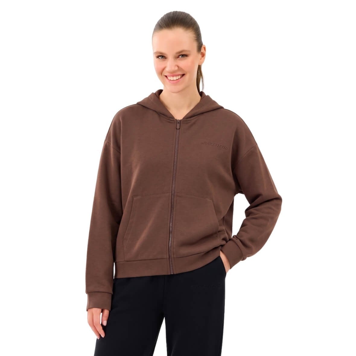 Skechers Skech Sweats Essential Full Zip Sweatshirt S2610016-2070 Kapüşonlu Kadın Sweatshirt - Koyu Kahve