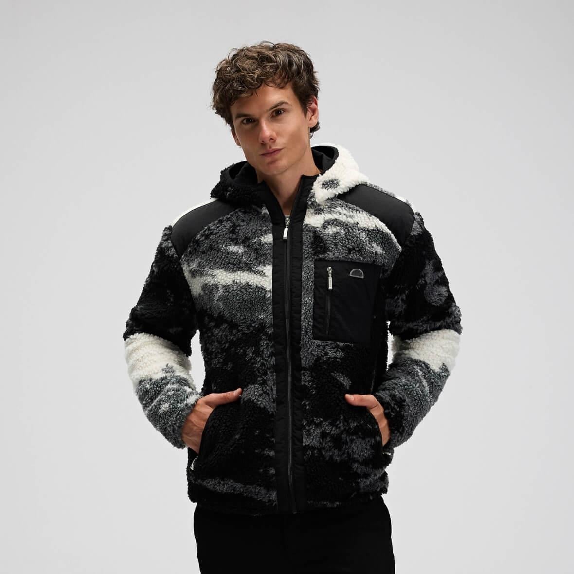 Ellesse EM516-GI Kapüşonlu Sherpa Polar Erkek Mont - Siyah / Beyaz / Gri