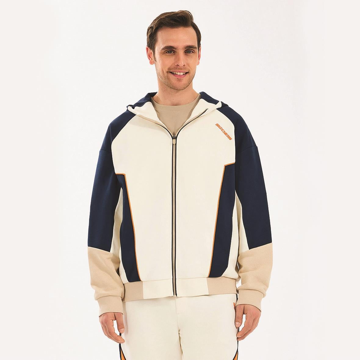 Skechers M Diagonal Lw Fleece Fullzip Hoodie S2510027-102 Erkek Sweatshirt - Kırık Beyaz
