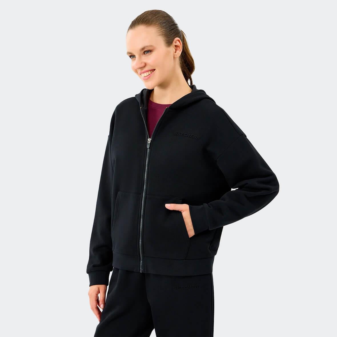 Skechers W Essential Full Zip Sweatshirt S2610016-3817 Kapüşonlu Kadın Sweatshirt - Siyah