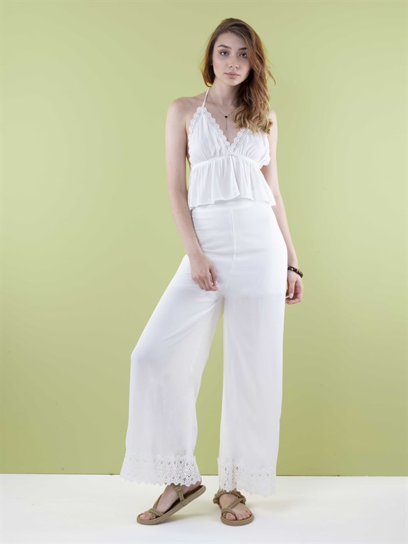 The Natural People Dantel Detaylı Yüksek Bel Pantolon - Off White (Kırık Beyaz)