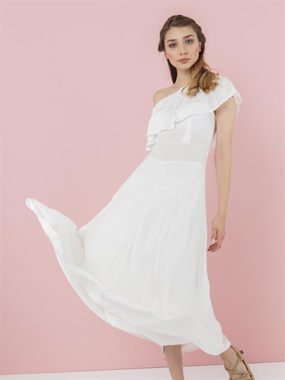 The Natural People Dantel Detaylı Fırfırlı Tek Omuz Elbise - Off White (Kırık Beyaz)