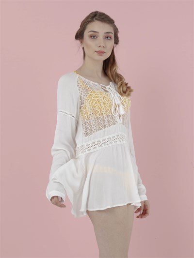 The Natural People Tül Dantel Detaylı Mini Plaj Elbisesi - Off White (Kırık Beyaz)