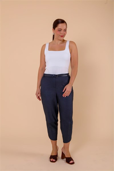 Paça Detaylı Kemerli Büyük Beden Denim Kumaş Pantolon Lacivert 