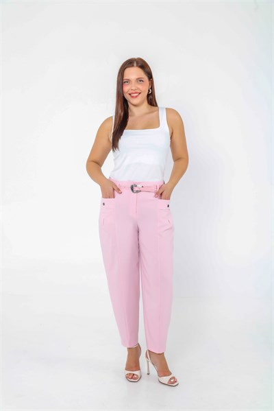 Yüksek Bel Cepli Arka Lastikli Büyük Beden Kumaş Pantolon Pembe 