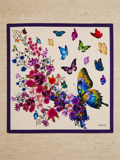 BUTTERFLY EKRU MOR  %100 İPEK FULAR