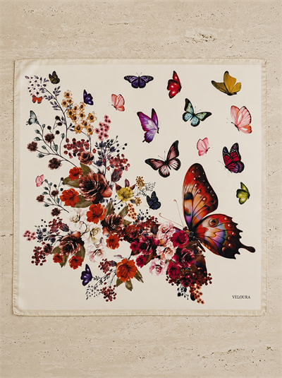 BUTTERFLY EKRU KIRMIZI %100 İPEK FULAR
