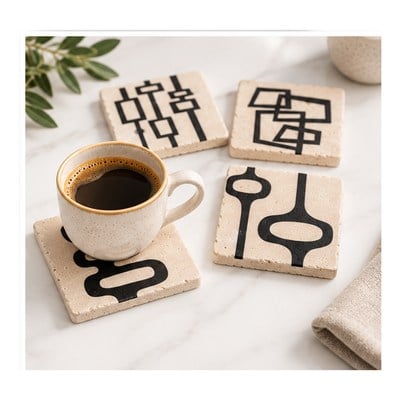 Century Collection Traverten Bardak Altlığı – 4'lü Farklı Desenli Kutulu Set