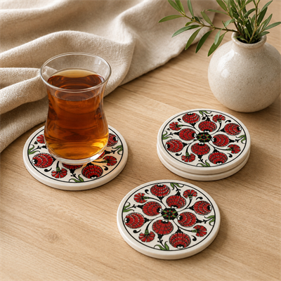 Kırmızı Desenli Seramik Bardak Altlığı 4'lü Set