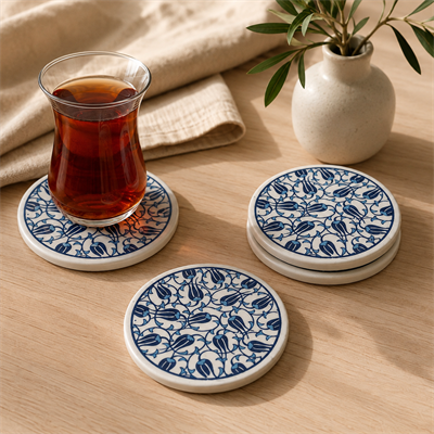 Mavi Desenli Seramik Bardak Altlığı 4'lü Set