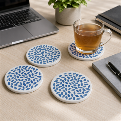 Mavi Desenli Yuvarlak Seramik Bardak Altlığı 4'lü Set