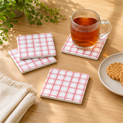 Pembe Çizgili Seramik Bardak Altlığı 4'lü Set