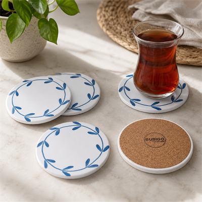 Yaprak Desenli Yuvarlak Seramik Bardak Altlığı 4'lü Set