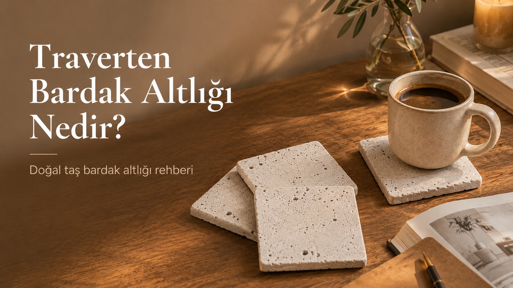 Traverten bardak altlığı ile doğal taş masa dekorasyonu