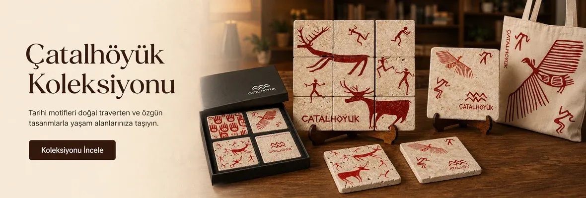 Çatalhöyük motifli traverten pano, bardak altlığı seti ve kumaş çanta koleksiyonu
