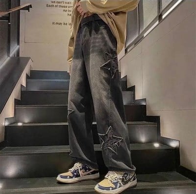 Siyah Yıldızlı Baggy Jean Pantolon