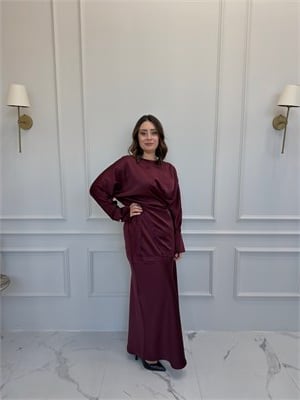 Dantel Detaylı Bluz Etek Saten Takım - Bordo