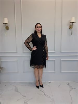 Dantel Detaylı Kruvaze Elbise - Siyah