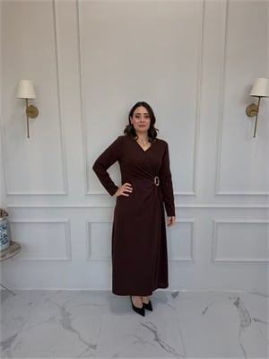 Kruvaze Gold Tokalı Krep Elbise - Kahve