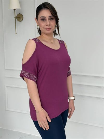 Omzu Açık Taşlı Mürdüm Bluz