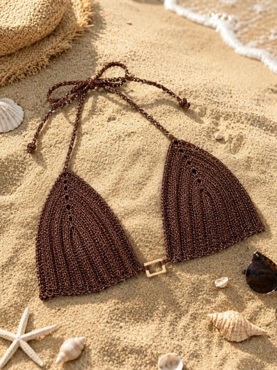 El Yapımı Tığ Örgü Kahverengi Bikini Üstü  Sütyen Büstiyer