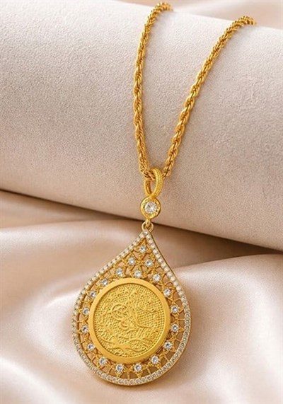 14 Ayar Altın Osmanlı Tuğralı Damla Model Dantel İşlemeli Zirkon Taşlı Premium Tasarım Kolye