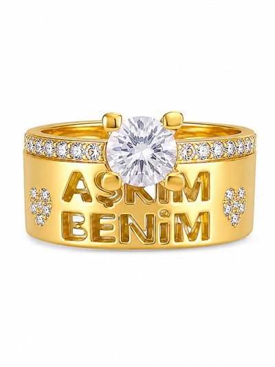 14 Ayar Aşkım Benim Kalpli Tektaş Altın Kadın Yüzük