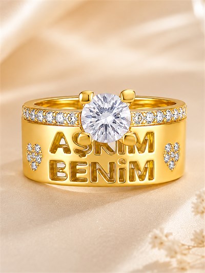 14 Ayar Aşkım Benim Kalpli Tektaş Altın Kadın Yüzük