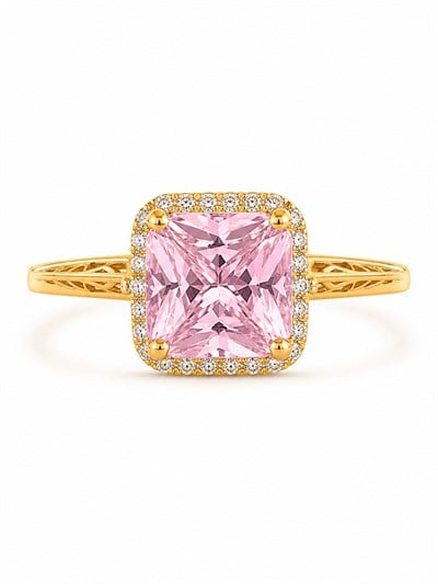 14 Ayar Pembe Kristal Taşlı Çerçeveli Altın Kadın Yüzük