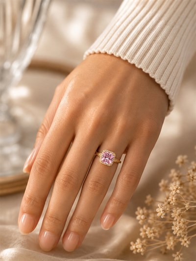 14 Ayar Pembe Kristal Taşlı Çerçeveli Altın Kadın Yüzük