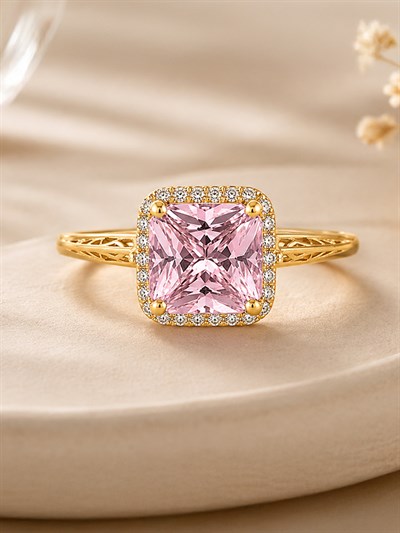 14 Ayar Pembe Kristal Taşlı Çerçeveli Altın Kadın Yüzük