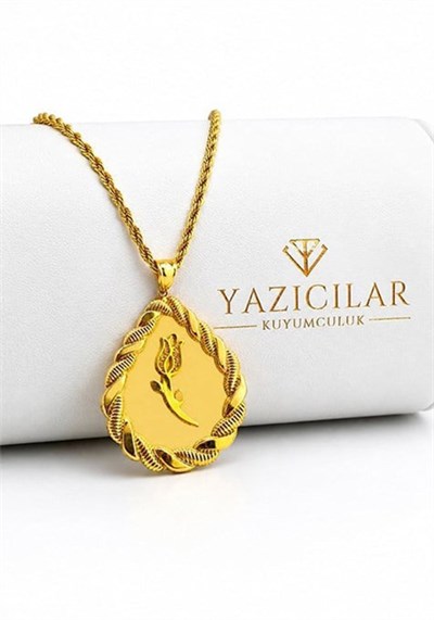 14 Ayar Yaprak Çerçeveli Lale Altın Kolye