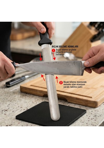 Paslanmaz Çelik Ergonomik Saplı Bıçak Bileme Çubuğu - Mutfak ve Kasap Tipi Masat