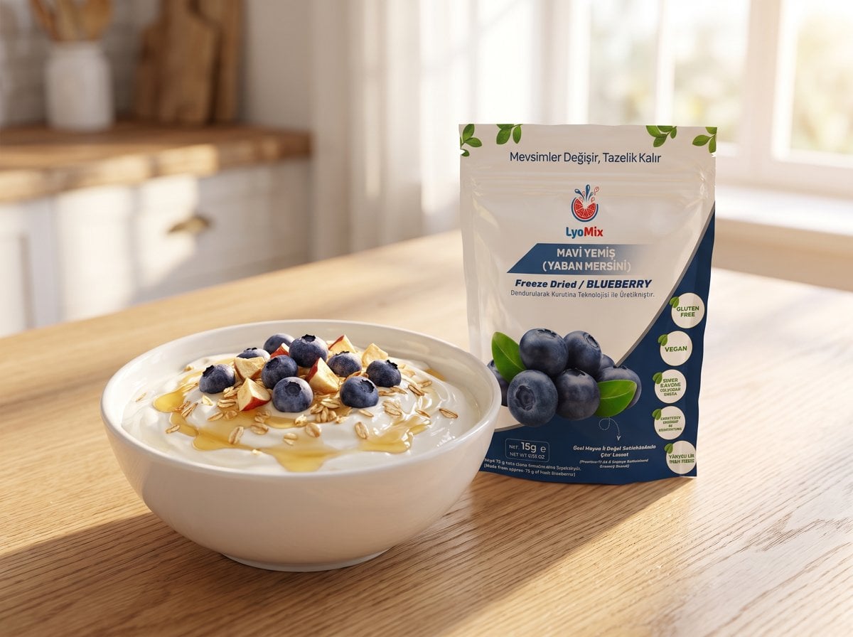 Yoğurt,Granola ve mavi yemiş kasesi