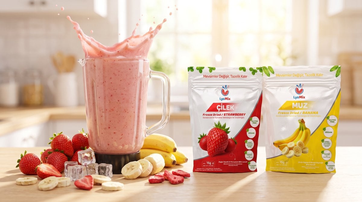 Blenderda çilekli muzlu smoothie ve lyomix paketleri