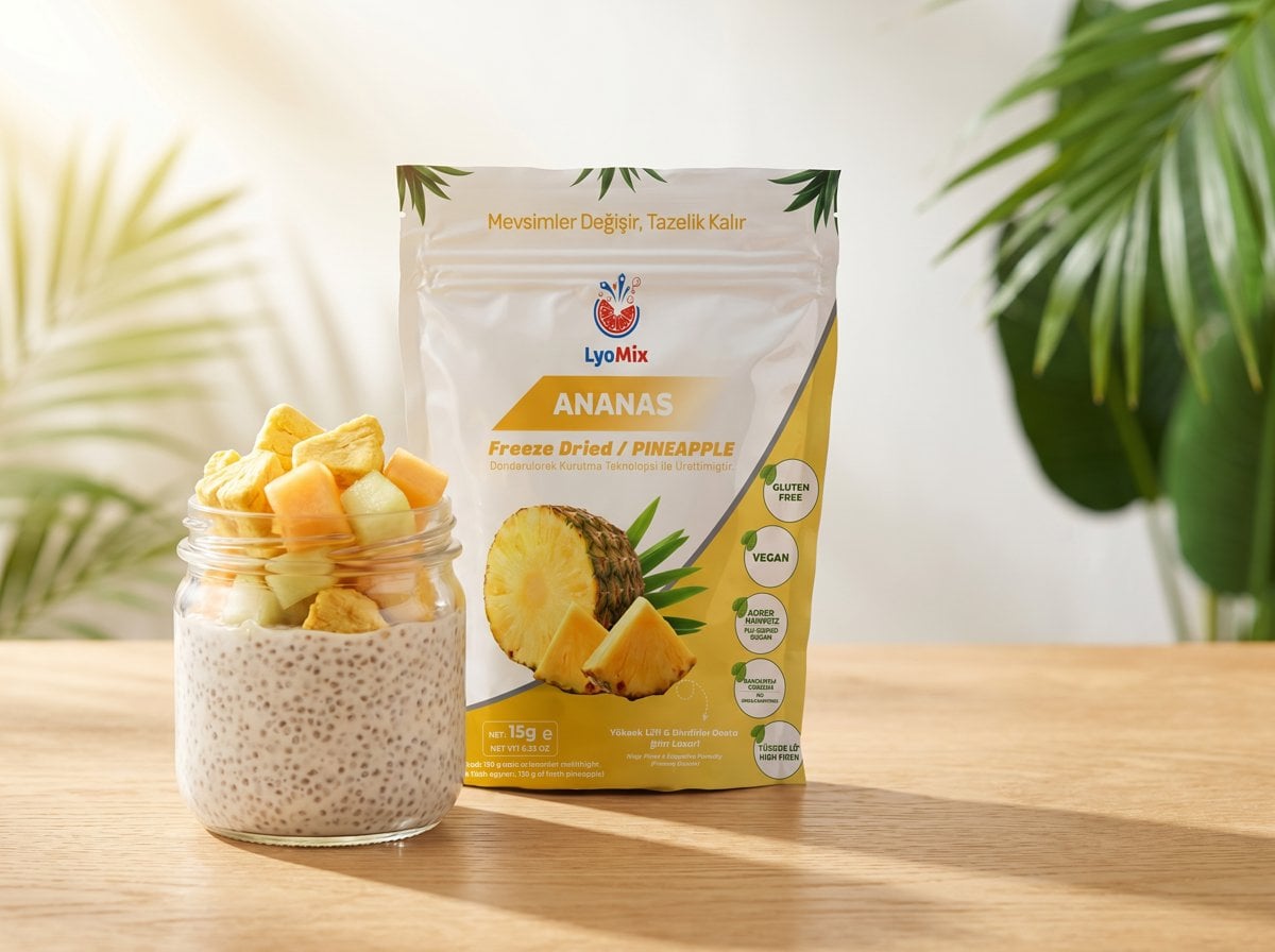 Ananaslı chia puding ve lyomix ananas paketi