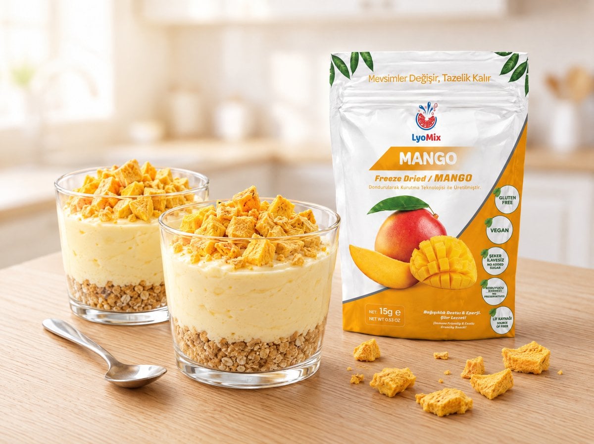 Mangolu bardak cheesecake ve lyomix mango paketi