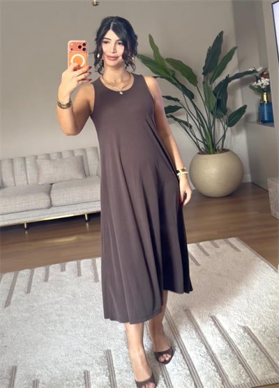 SIFIR YAKA ASKILI ELBİSE- KAHVERENGİ