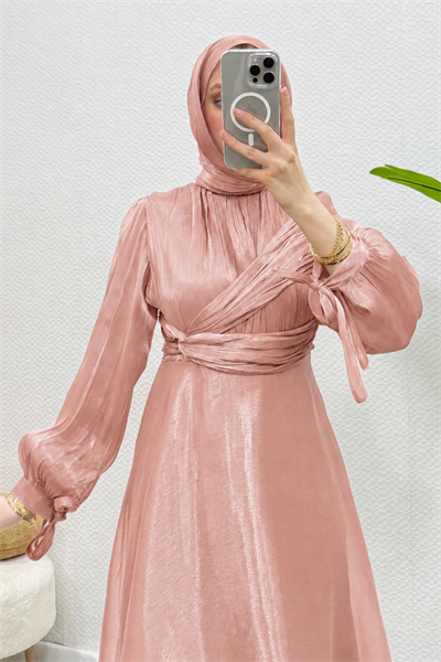 Ala Model Yandan Dolamalı Janjan Kumaş Tesettür Abiye- Somon